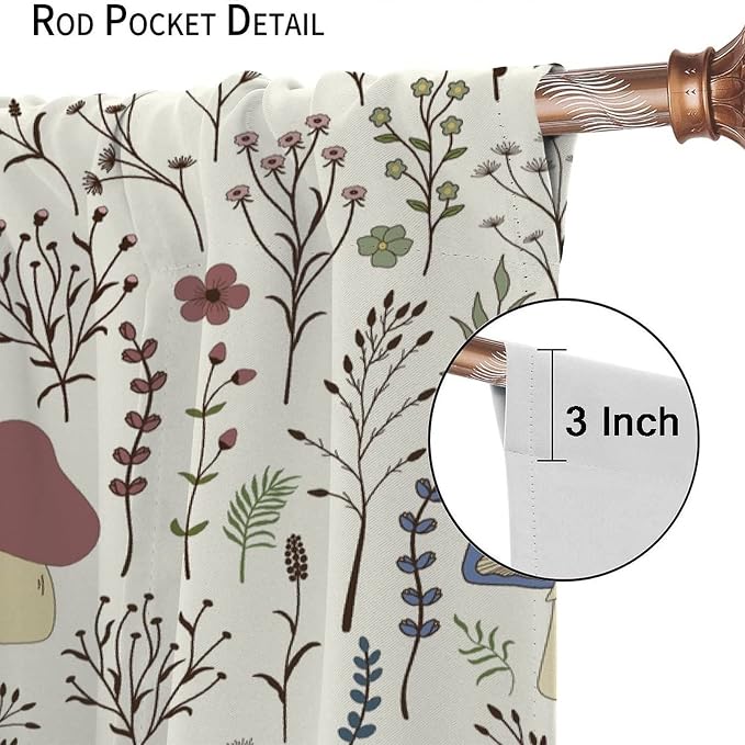 Mushroom Curtains,Colorful Plant Forest Botanical Print Window Treatments for Bedroom Living Room Kitchen Cartoon Herbs Floral Window Drapes 2 Panels Set,Total Size 63 x 72 Inch