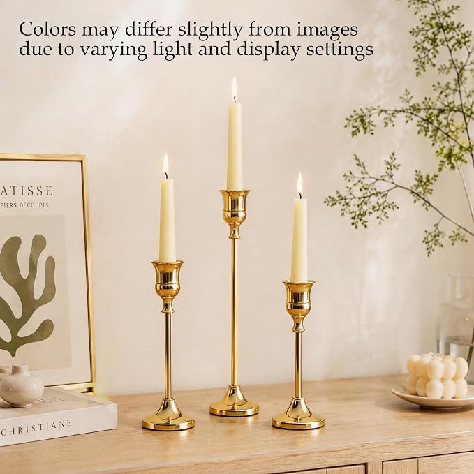 Brass Gold Candle Holders Set of 12, Metal Taper Candlestick Holders in 3 Heights - Vintage Candle Stick Holder Brass Decor - Candle Holder Centerpieces for Wedding Table Home Christmas Decoration