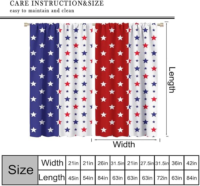 4th of July Curtain,Patriotic Stars Stripes Red White Blue Independence Day Drapes for Bedroom Living Room Kitchen Window Treatment 2 Panels Set Total Size 84" W X 84" L Inch