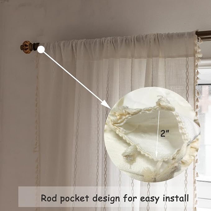 Boho Curtains - Embroidery Linen and Cotton 63 Inch Length 2 Pannels for Living Room, Cream Off White Light Filtering Farmhouse Curtains with Rod Pocket Draperies 52" W x 63" L