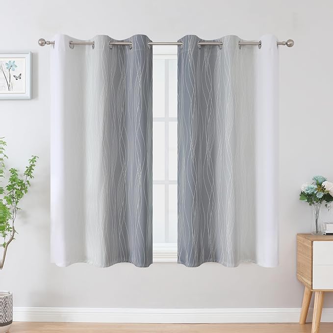 Estelar Textiler Grey and Greyish White Blackout Curtains 45 Inch Length, Light Blocking Gradient Drapes for Bedroom, Thermal Insulated Grommet Ombre Curtains for Bathroom,42Wx45L,2 Panels