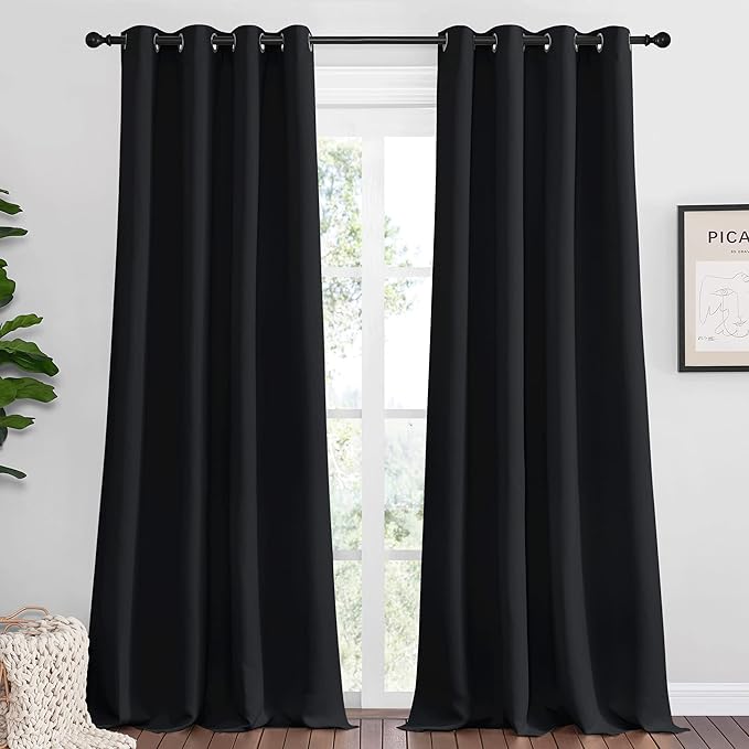 NICETOWN Bedroom Blackout Curtains Panels, 1 Pair, 55 inches by 92 Inch, Black, Triple Weave Energy Saving Thermal Insulated Solid Grommet Blackout Draperies for Patio