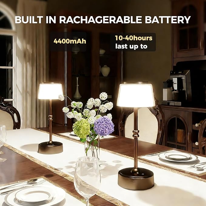 LED Cordless Lamp, 5 Colors Stepless Dimming Table Lamp, 4400mAh Rechargeable Battery with USB Charging Port, Portable Touch Bedside Light for Patio, Restaurant, Dining(2, Antique Brass)