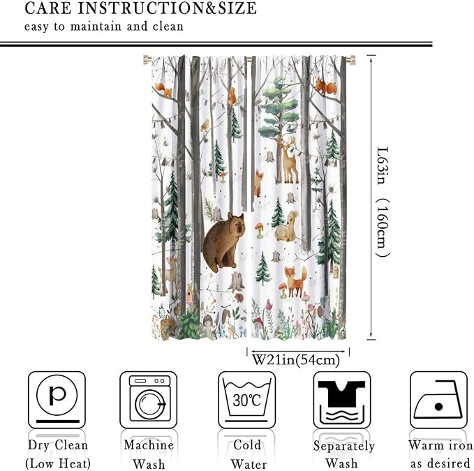 YCness Kid Forest Woodland Animal Fox Elk Bear Watercolor Print Curtains for Nursery Bedroom Living Room, Rustic Wild Animal Window Drapes 2 Panel Set, 42x63 Inch