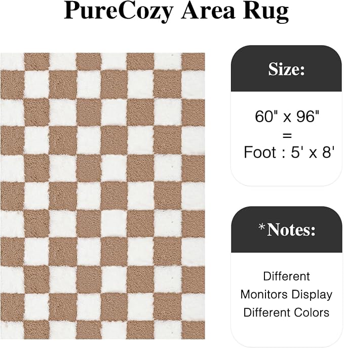 PureCozy 5x8 Area Rugs for Living Room Brown Soft Shag Checkered Large Rug Modern Washable Indoor Office Fuzzy Carpet Non-Slip Fluffy Rugs for Bedroom Nursery Dorm Playroom Home Aesthetic Decor