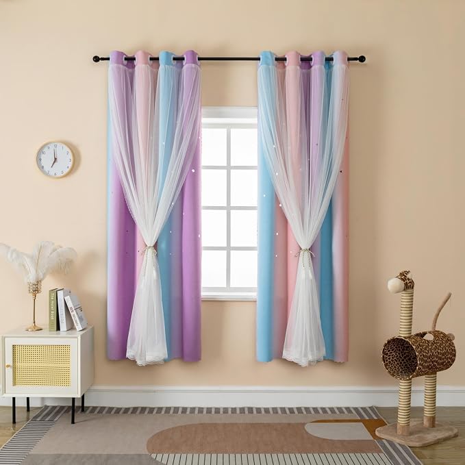 Cute Star Blackout Curtains for Girls Bedroom, Princess Curtains, W52X L72 | 2 Panels Pink Purple Thick Grommet Top Star Cutout Curtains, Double Layer Nursery Kids Curtains, Aesthetic Living Room Decor