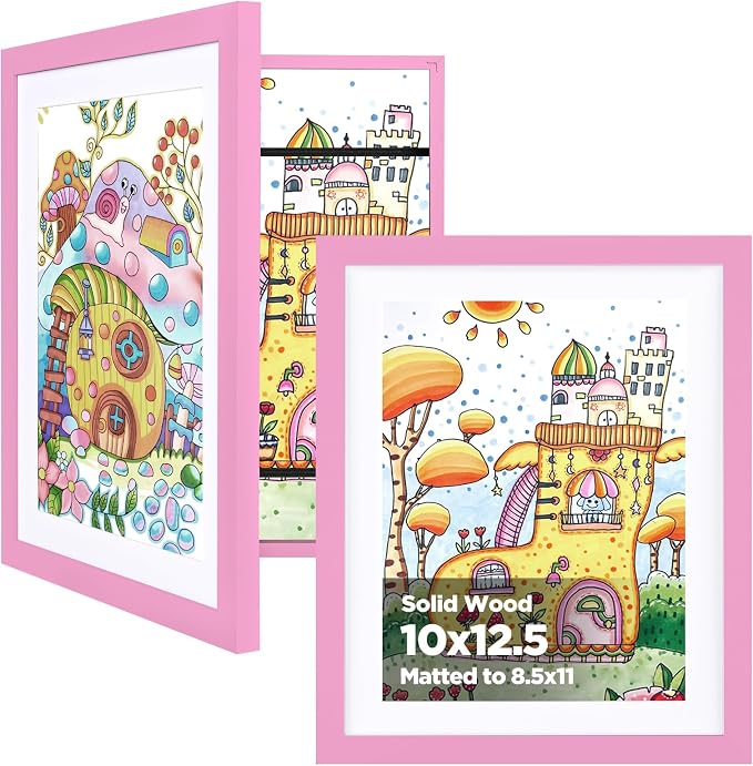 KINLINK 10x12.5 Kids Art Frame 2 Pack, Solid Wood Artwork Frames Changeable, Front Opening Hold 150 Pictures, Art Frames for Kids Artwork, 8.5x11 with Mat 10x12.5 without Mat, Picture Frames Light Pink