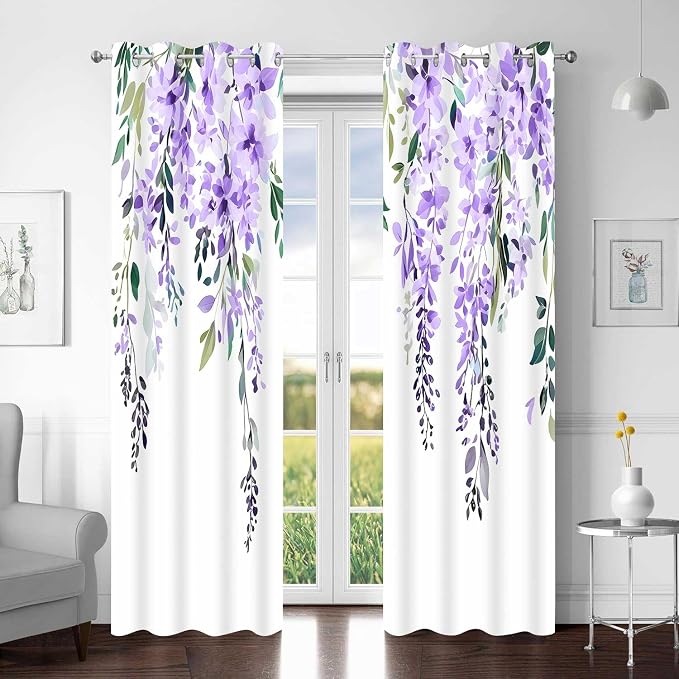 Purple Watercolor Floral Curtains, 42x72 inch, 2 Panels | Botanical Leaves Vine Flowers, Rustic Farmhouse Style, Blackout Window Treatment, For Bedroom Living Room