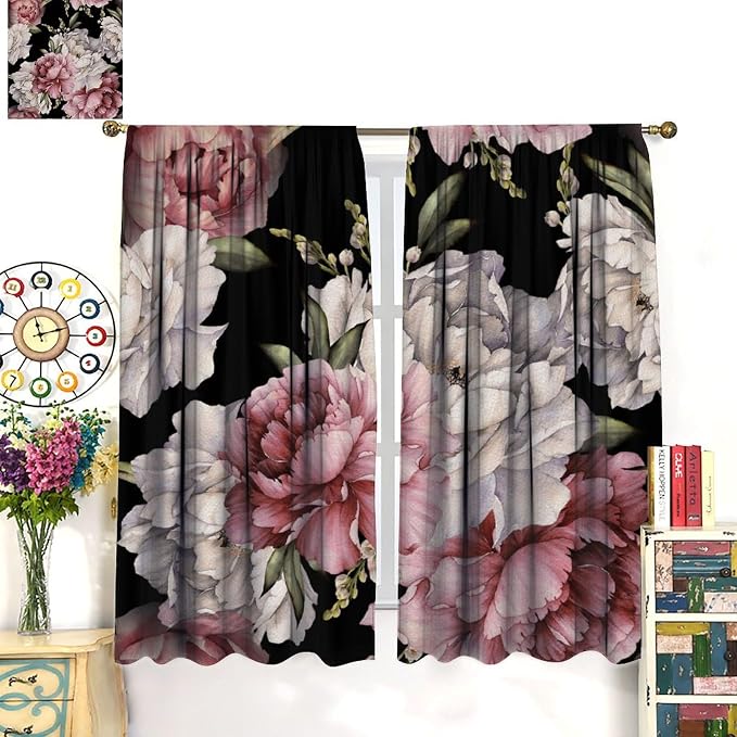 Black Boho Floral Blackout Curtain Vintage Watercolor Rose Peony Retro Pink Blossom Flowers Rustic Spring Leaf for Home Kitchen Restaurant Decoration Window Drapes 2Panel 72" W X 63" L