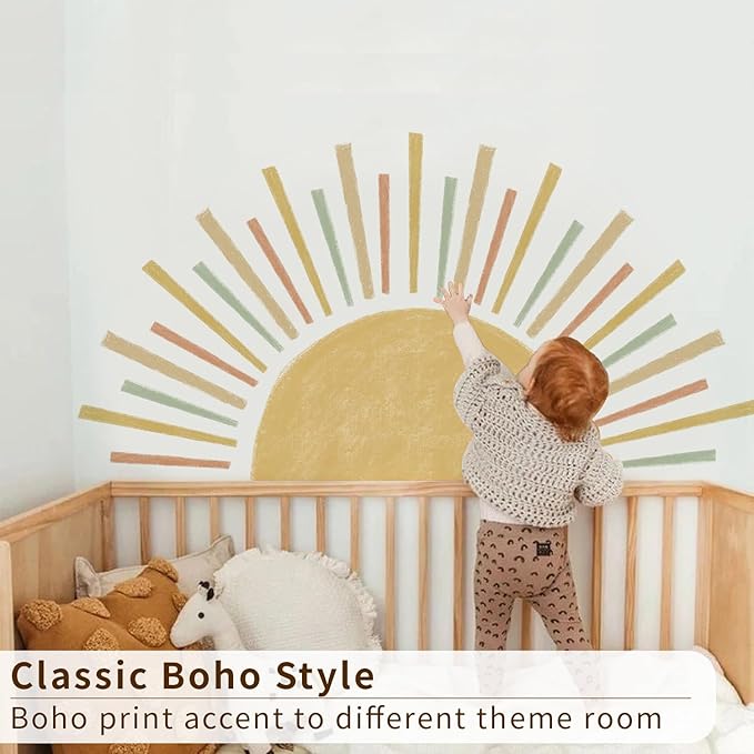 Large Boho Half Sun Wall Decals Peel and Stick, Watercolor Pastel Sun Decal Sunrise Wall Murals Stickers, Sunshine Wall Stickers for Kids Room Playroom Nursery Bedroom, 48.07" x 24.82"