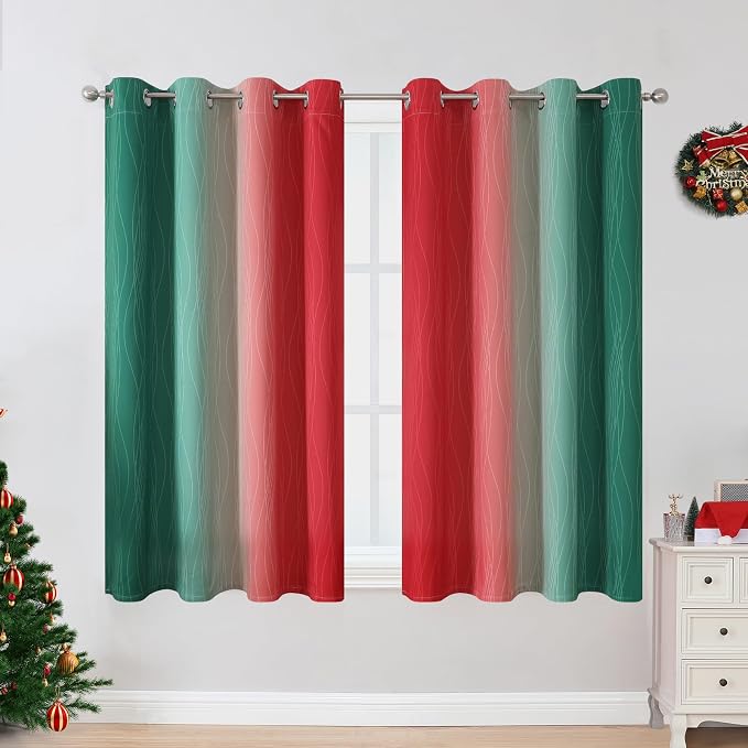 Estelar Textiler Red and Green Blackout Curtains 45 Inch Length, Full Room Darkening Ombre Drapes for Bedroom, Thermal Insulated Grommet Christmas Curtains for Basement, 52Wx45L, 2 Panels