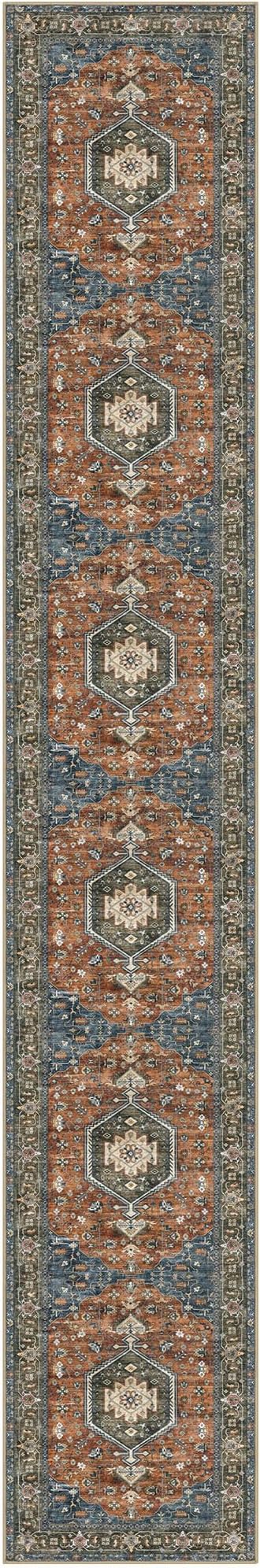 KUTA Vintage Washable Runner Rug 2.6x16, Non-Slip 16ft Extra Long Hallway Kitchen Rugs Brick Red, Indoor Ultra Soft Printed Medallion Carpet Runners for Bedroom Living Room