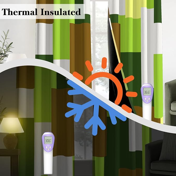 Tyrot Avocado Green 100% Blackout Curtains for Bedroom 84 inch Long 2 Panels Set White Modern Abstract Geometric Black Out Curtains Insulated Room Darkening Window Drapes for Living Room, 52Wx84L