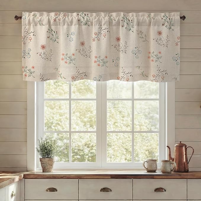 Kitchen Valances for Windows, Country Farmhouse Cottage Rustic Vintage Floral Linen Light Filtering Bedroom Living Room Patterned Printed Western Rod Pocket(1 Panel,52 x 18 Inch)