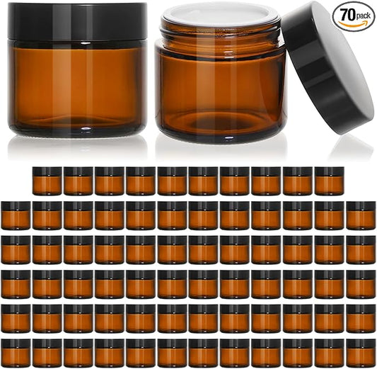 KEYWING 2oz Small Glass Jars with Black Lids, 70 Pack Amber Glass Cosmetic Jars, Round Empty Sample Container with Inner Liners for Lotions, Cream, Powders and Ointments