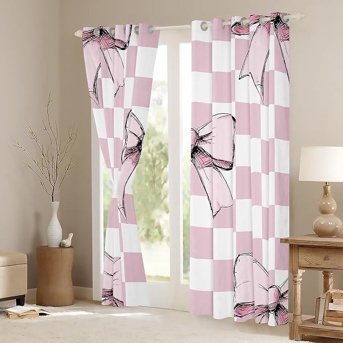 Erosebridal Cute Bowknot Window Treatments Pink Watercolor Bow Window Curtain 42" Wx90 L for Kids Girls Teen,Princess Ribbon Bow Curtain Dreamy Girly Bowknot Plaid Curtains & Drapes