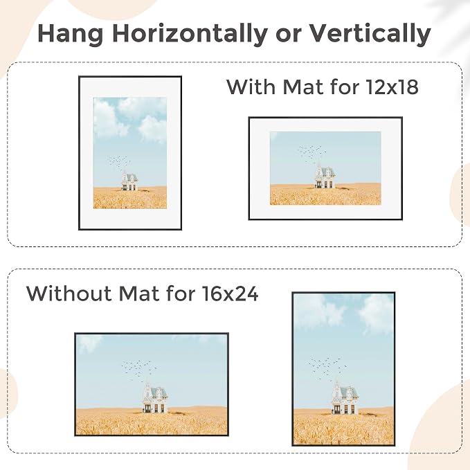 FLYJOE 16x24 Frame | 16x24 Poster Frame With Mat For 12x18 | Metal Aluminum Picture Frame With Tempered Glass | Minimalist Modern Poster Frame | Hanging Hardware Included | Set of 2, Black