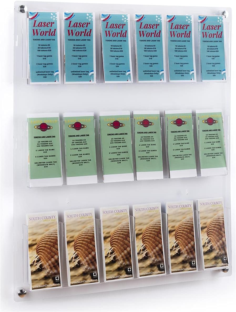 Displays2go 3-Tiered Clear Acrylic Magazine Rack, Adjustable, 9-18 Pockets - Clear (2RP9CLR)