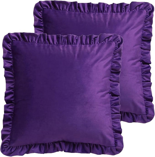 ISAENNE Vintage Dark Purple Square Throw Pillow Covers 22"x22" Set of 2, Solid Color Farmhouse Velvet Decoration Pillow Cover with Ruffles,Throw Pillow Case for Couch Sofa Bed Living Room Car