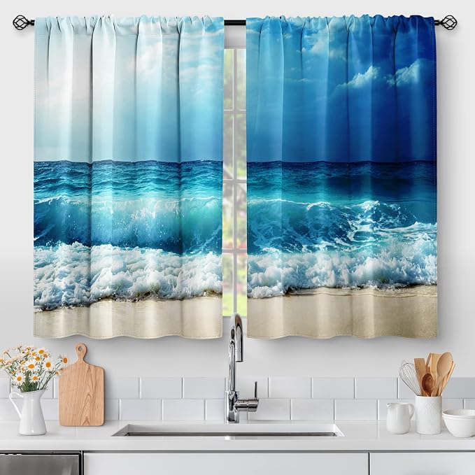 Beach Ocean Sea Kitchen Curtains - Country Short Cafe Tier Curtains Decor for Living Dining Bathroom Room Summer Seascape Hawaiian Theme Blue Waves Window Drapes RV Curtains 2 Panels set 28"x30"