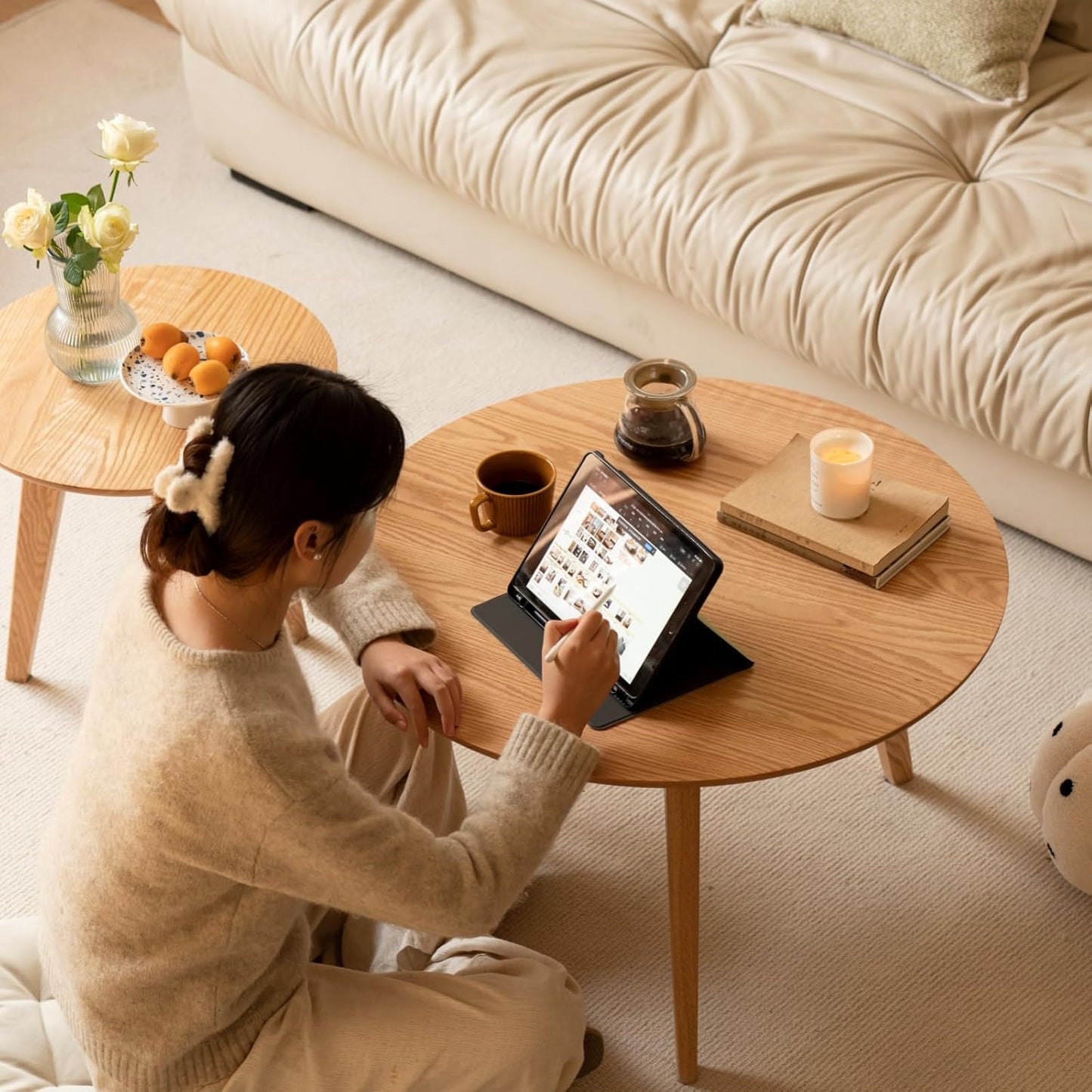 100% Solid Oak Wood Coffee Table Set, Round Coffee Table Combo Side Table w/Solid Wood Legs, Mid Century Table Sturdy Tables for Bedroom Balcony Living Room (Natural, Big-Medium Combo)