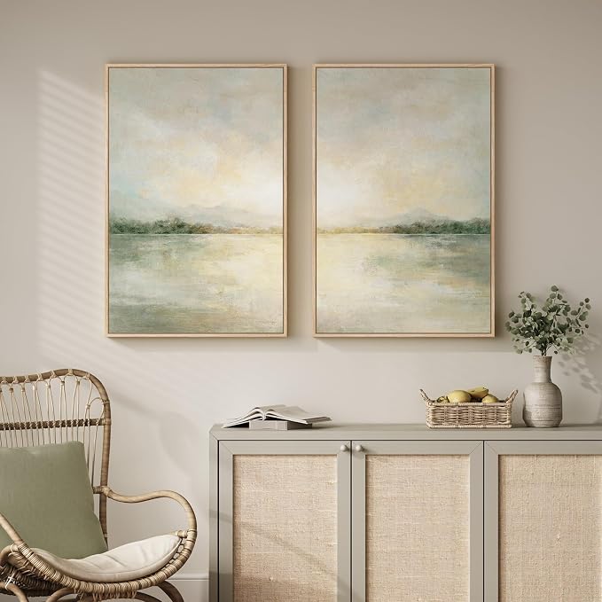 mxart Framed Sage Green Abstract Wall Art for Living Room, Large Set of 2 Abstract Landscape Canvas Artwork for Walls, Minimalist Painting Print for Bedroom Dining Room Office Hallway Wall Decor, 24x36 Inch