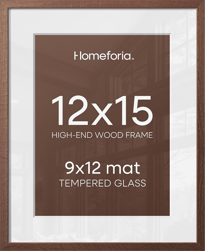 Homeforia 12x15 Picture Frame Brown, High End Dark Oak 12x15 Walnut Wood Poster Frame with Mat 9x12 Print, 12 x 15 Wooden Frame Matted to 9 x 12 Photo, 15x12 Frames, Tempered Glass, Wall Kit, Set of 2