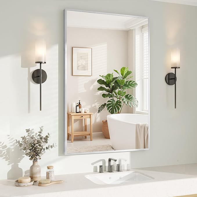 Koonmi Silver Rectangle Wall Mirror, 26x38 Inch Bathroom Mirror, Aluminum Frame Vanity Mirror for Entryway, Living Room, Bedroom Bathroom, Hangs Horizontally or Vertically