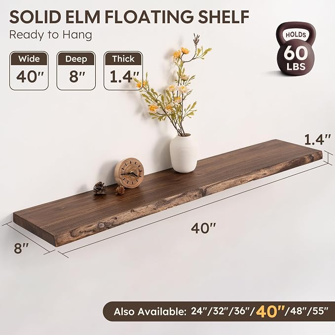 Live Edge Floating Shelf, 40 Inch Solid Elm Wood - Vintage Rustic Wood Wall Shelf with Invisible Brackets for Living Room, Kitchen, Bathroom