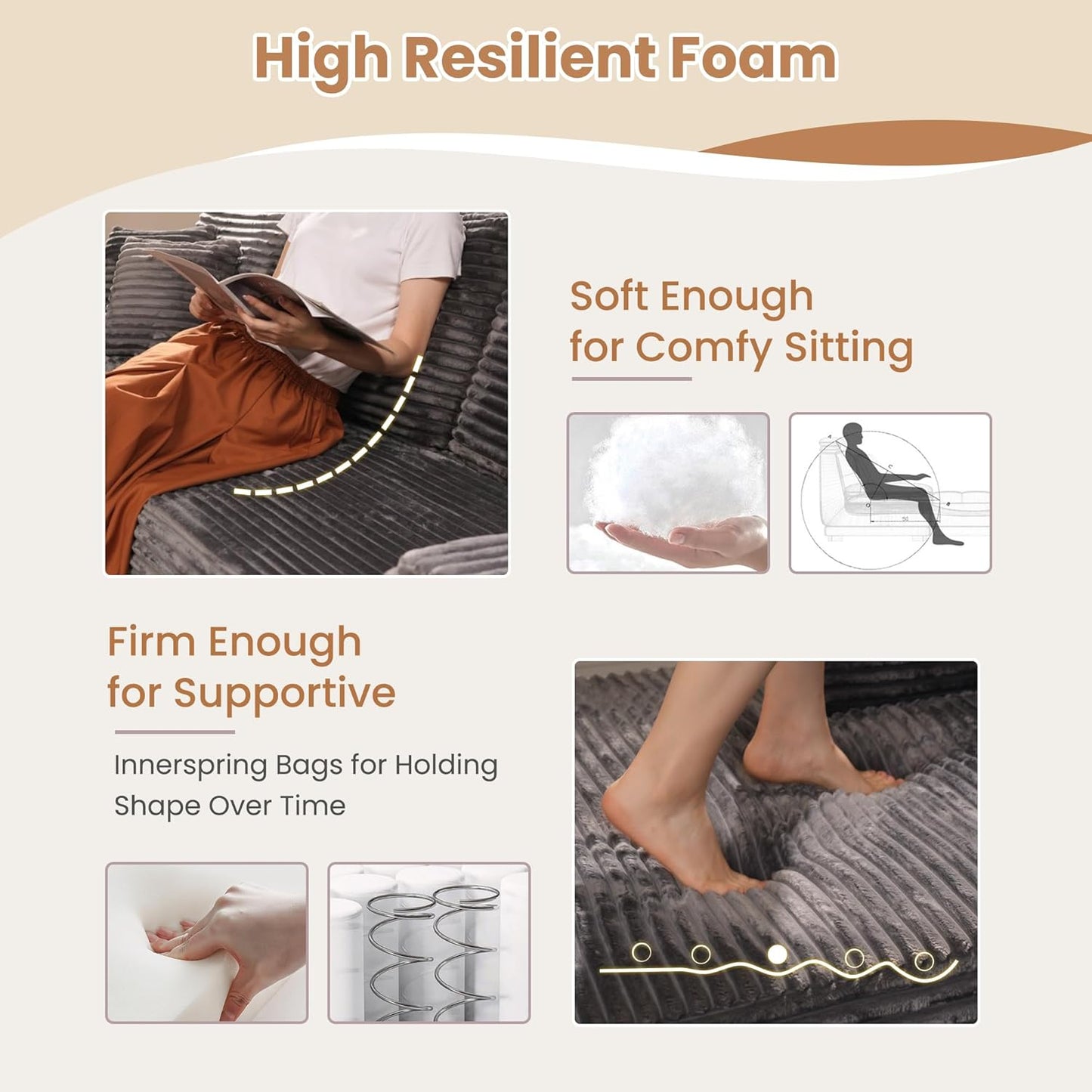 HOOOWOOO Cloud Sectional Couches for Living Room,Modular Sectional Sofa No Assembly,Plush Corduroy Large Floor Couch Furniture Set with Deep Seat Left L Shape and Chaise Lounge(Gray)