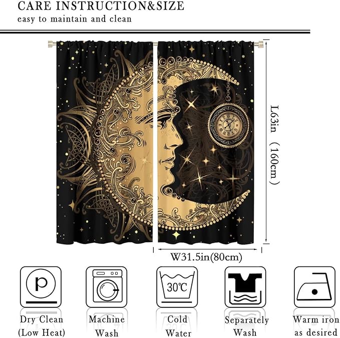 Sun Moon Blackout Windows Curtains, Retro Bohemian Antique Hippie Gold Sun Crescent and Star Curtains, for Living Room Bedroom 63x63in 2 Panels