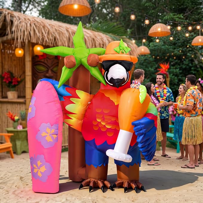 Leyndo 7.2x5.7ft Gaint Hawaiian Inflatable Parrot Decorations Tiki Inflatable Palm Coconut Tree with LED Lights Aloha Luau Hawaiian Tropical Party Decorations for Indoor Outdoor Birthday Beach