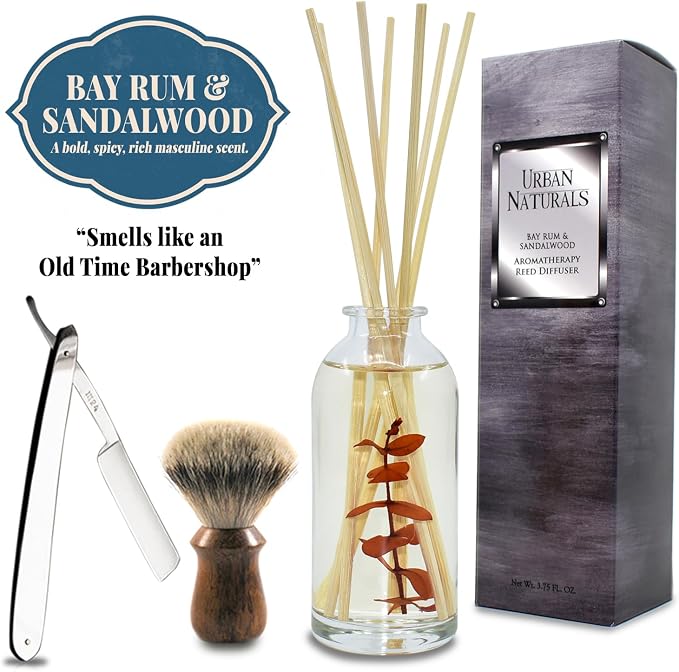 Urban Naturals Reed Diffuser Set, Bay Rum & Sandalwood - Bathroom Décor | Powdery Bay Rum, Earthy Patchouli & Musk, A bold, spicy, Masculine scent