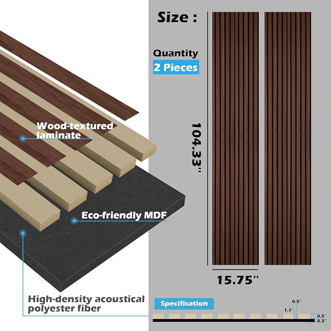 Art3d 2-Pack 104" x 15.75" Acoustic Slat Wood Wall and Ceiling Panels, Fluted Modern Sound Absorbing Panels, Dark Walnut