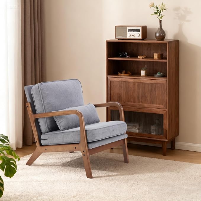 DUMOS Mid Century Modern Accent Chair, Armchair with Lumbar Pillow and Waist Cushion, Solid Wood Frame Lounge Chair for Living Room, Bedroom, Reading Nook, Small Apartment Corner, Classic Grey