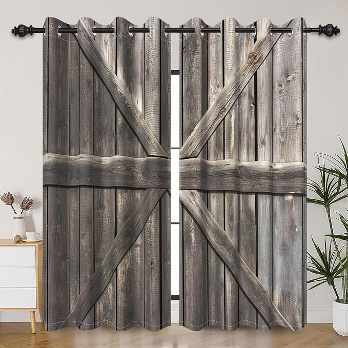 Rustic Barn Door Window Curtains Farmhouse Grey Wooden Door Garage Door Blackout Window Treatment for Living Room Bedroom Rural Farm Style Room Darkening Window Drapes,53x72 inch,2 Panels