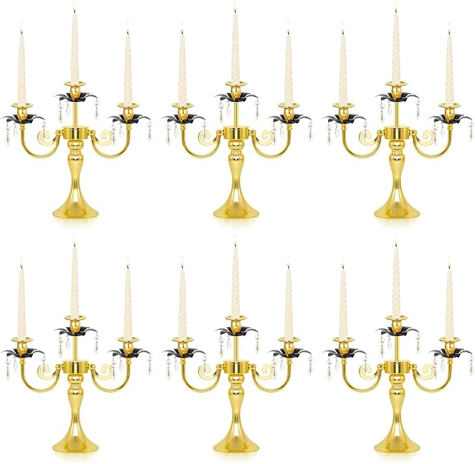 6 Pcs 3 Arm Black and Gold Candelabra Party Decorations - 11.8 Inch Tall Candle Holders, Elegant Taper Candlestick Stand for Wedding, Dining Table, Christmas Party Home Decoration