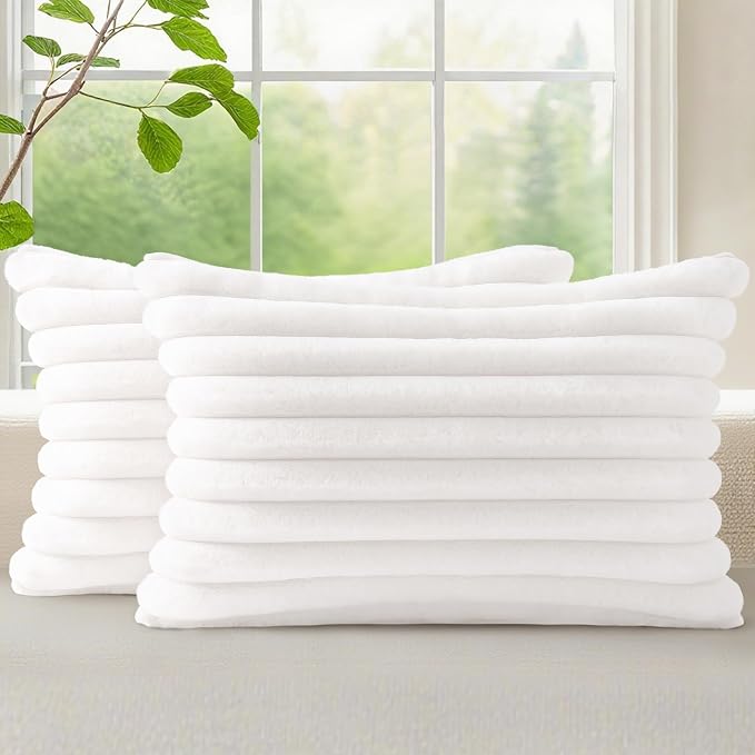decorUhome Fall Cozy Faux Fur Throw Pillow Covers 12x20 Set of 2 Decorative Soft Plush Striped Lumbar Modern Farmhouse Boho Couch Pillow Cases with Velvet Back for Sofa Bed Living Room, White