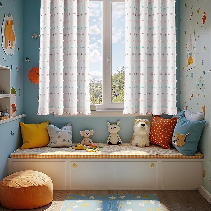 MYSKY HOME Total Blackout Curtains for Kids Bedroom Nursery Curtains 100% Light Block Doubled Curtains with Rainbow Pom Pom Sheer Window Drapes for Kitchen Room Darkening Back Tab Set of 2, 52 x 54 in