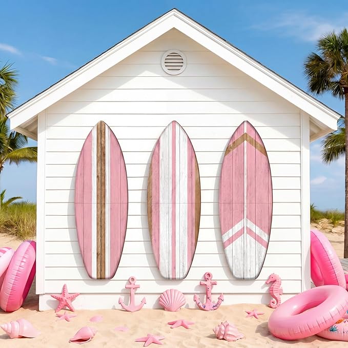 Yookeer 3 Pcs Surfboard Wall Decor,36" x 12" Large Wooden Coastal Beach Wall Decor Set, Aesthetic Cute Beachy Tropical Surf Board Art for Room Bedroom Decoration(Pink,Classic)