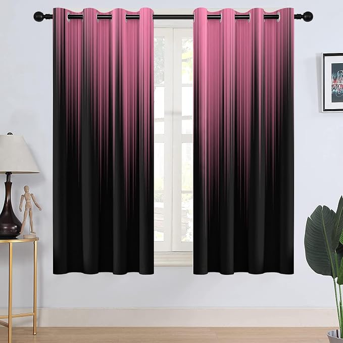AAtter Pink Black Window Curtains, Room Darkening, Grommet 42" W x 63" L | Gothic Striped Ombre Drapes, Cute Girls Preppy High Precision Fabric, 2 Panels Abstract Modern Bedroom Decor for Women