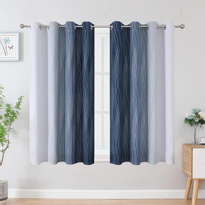 Estelar Textiler Full Room Darkening Greyish White and Navy Blue Blackout Curtains 45 Inch Length 2 Panels Set, Ombre Thermal Insulated Light Blocking Grommet Gradient Drapes for Bedroom,52Wx45L