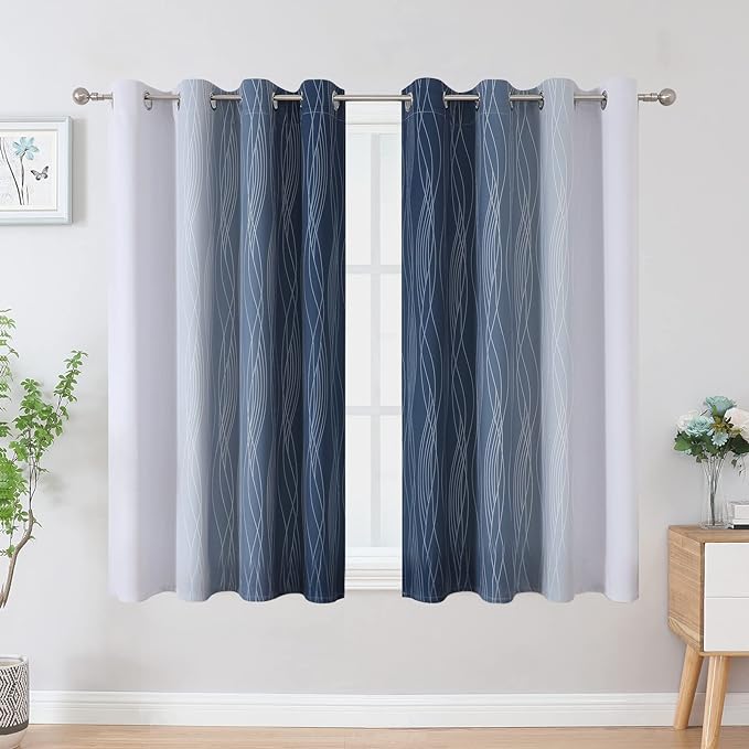 Estelar Textiler Full Room Darkening Greyish White and Navy Blue Blackout Curtains 54 Inch Length 2 Panels Set, Ombre Thermal Insulated Light Blocking Grommet Gradient Drapes for Bedroom,52Wx54L