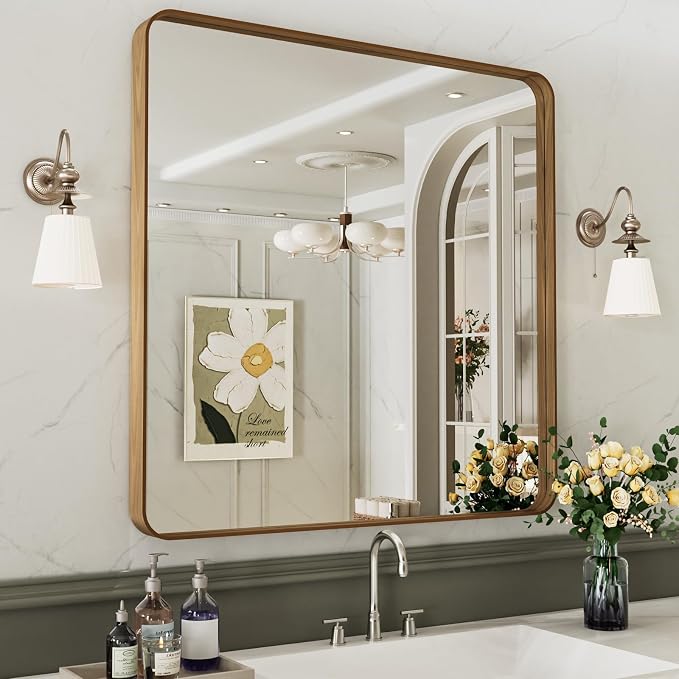 LOAAO 30X30 Bathroom Mirror with Wood Grain Colored Metal Frame, Rounded Rectangle Metal Framed Bathroom Mirror, Anti-Rust, Hangs Horizontally or Vertically