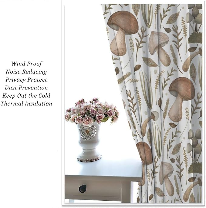 Watercolor Mushroom Curtains, Rustic Vintage Country Wild Mushroon Plants Leaves Print Blackout Window Drapes for Home Kitchen Bedroom Livingroom, 63" W X 63" L