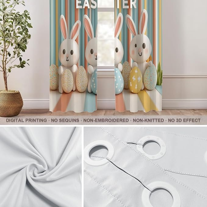 Shrahala Three Rabbits Colorful Eggs Thermal Insulated Blackout Window Curtains, Easter Celebration with Rabbits Eggs Long Drapes for Bedroom/Living Room with Plastic Grommet, 52X84 Set of 2