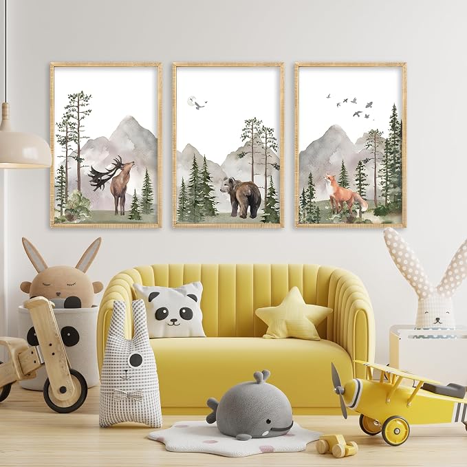 Set Of 3 Wild Woodland Nursery Animals Wall Art Decor 16x24 Inch Nursery Foggy Forest Deer Bear Fox Posters Wood Framed Sign Modren Children's Boys Girls Room Watercolor Prints Hang (Wood)