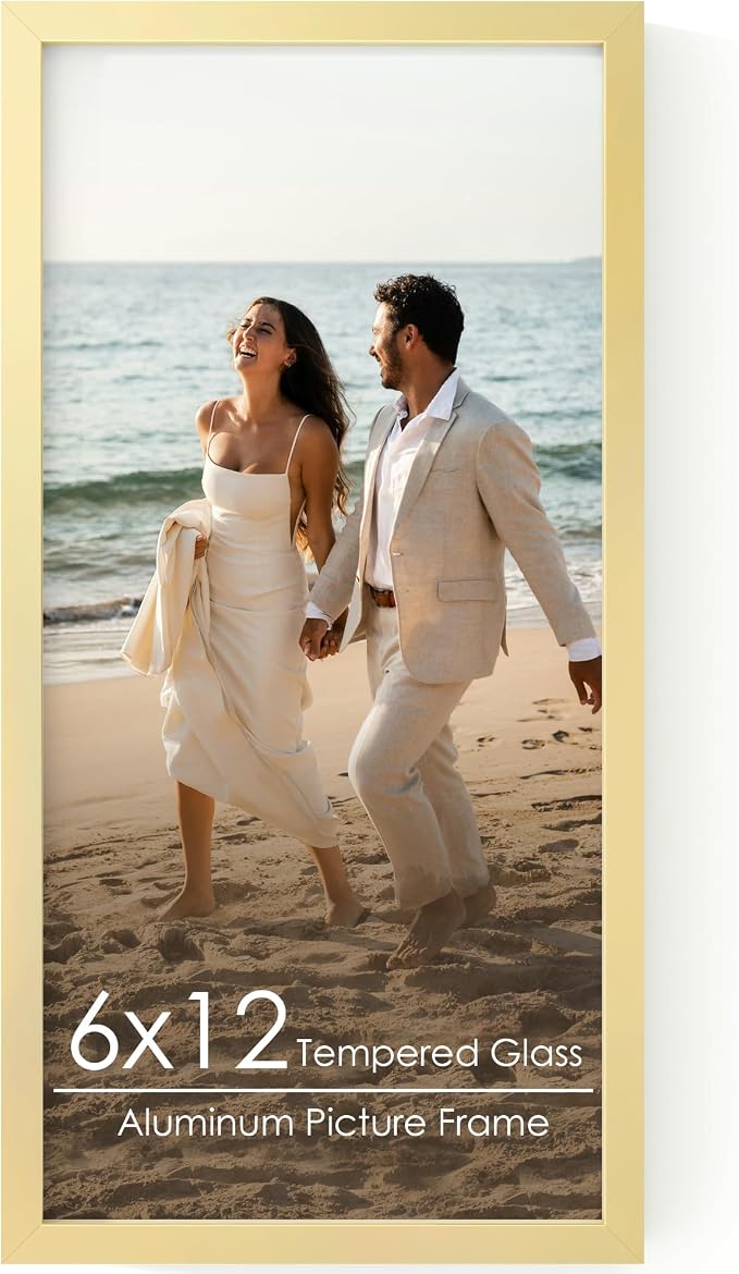FLYJOE 6x12 Metal Picture Frame - Gold Aluminum Picture Frames with Real Glass, Wall Mounting Horizontally or Vertically, Simple and Elegant Decor for Wall Gallery Poster Photo 12x6 Frames, Gold