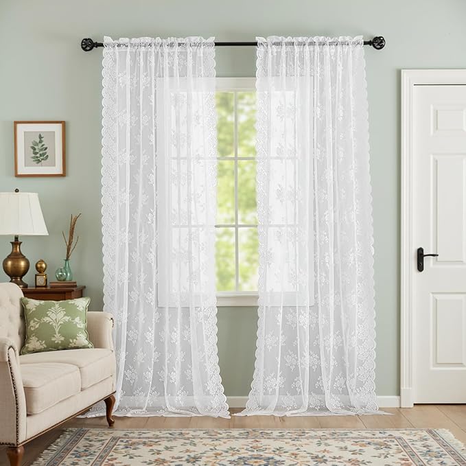 Kotile White Lace Curtains 54 Inch Length 2 Panels, W42 x L54 Inch Each, Country Rustic Floral Sheer Lace Curtains for Bedroom, Rod Pocket Privacy Light Filtering Window Lace Curtain