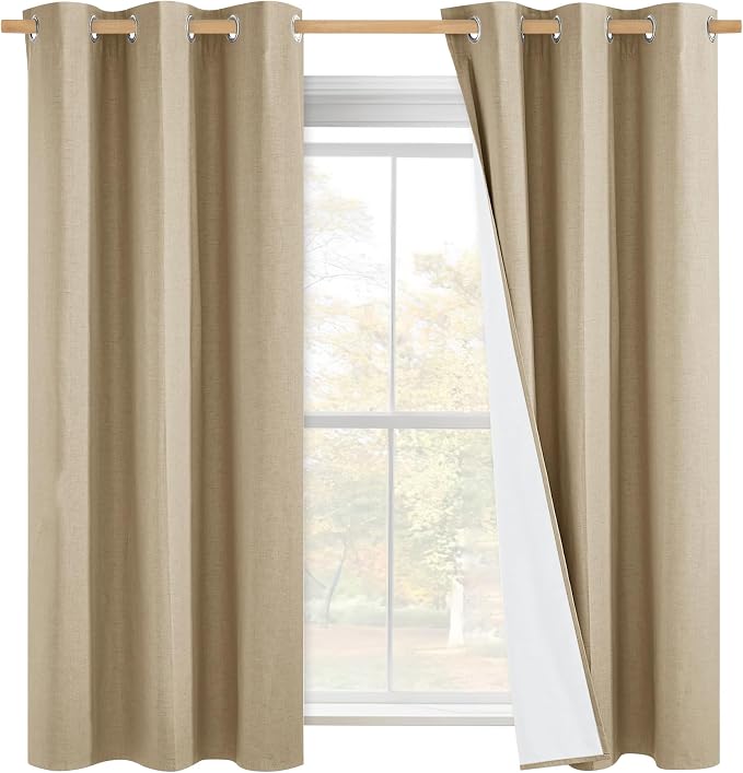 NICETOWN 100% Absolutely Blackout Linen Curtains with Thermal Insulated White Liner, Camel, 42" Wide by 45" Long, 2 Pieces, Linen Blend Window Drapes Privacy Window Treatments for Bedroom/Kids Room